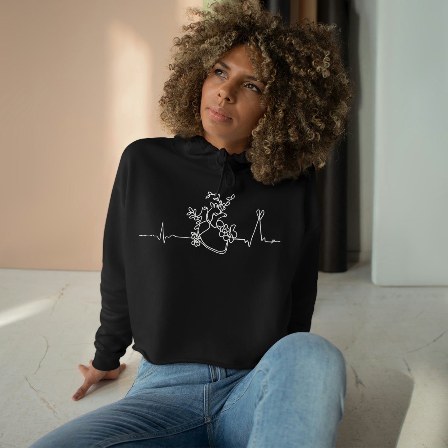 Minimalist Heart Pulse Art Crop Hoodie